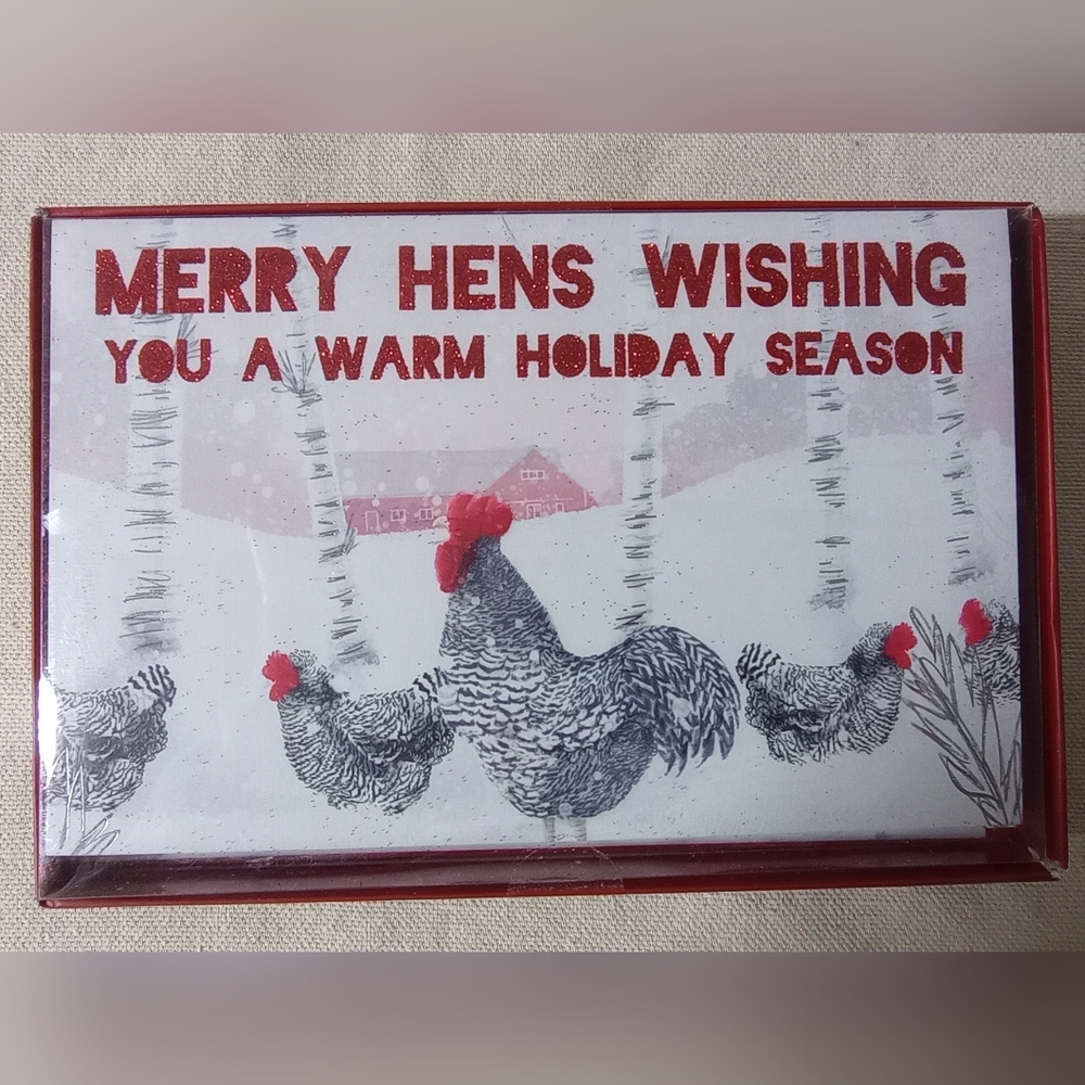 Festive Holiday Chickens Card Set with Red Accents Box Of 10